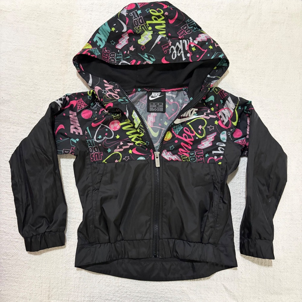 Nike Girls Hooded Windbreaker Jacket Neon Graffiti Print Black Size 6 M 5-6Y